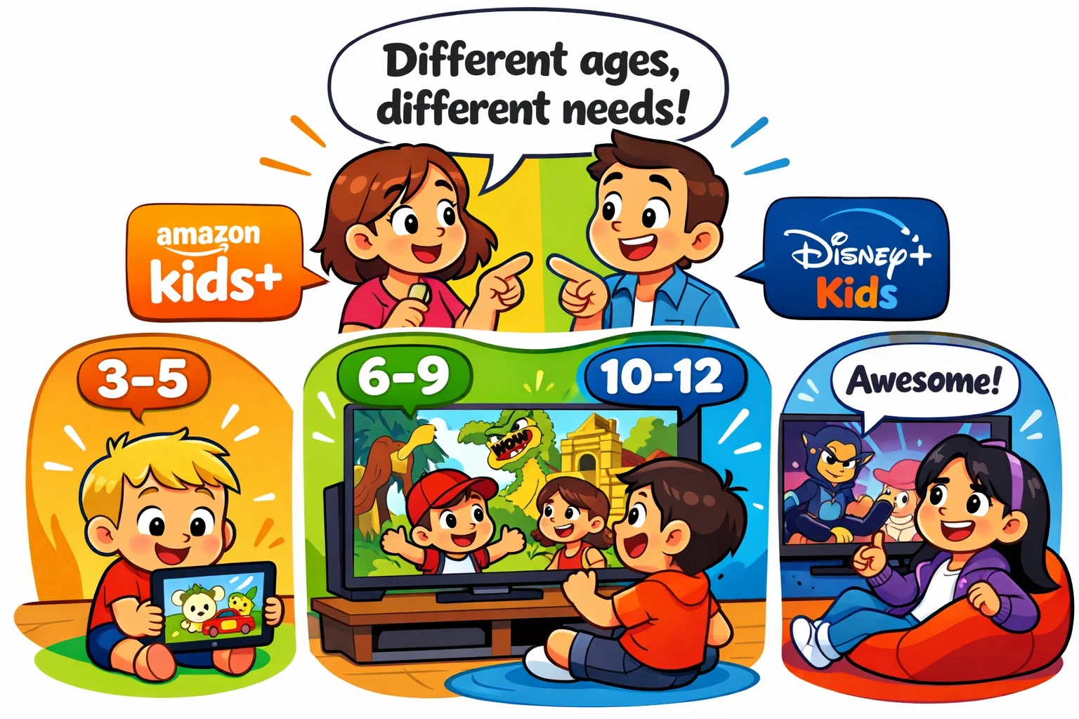 Amazon Kids+ vs Disney+ Kids comparison by age group for children.
