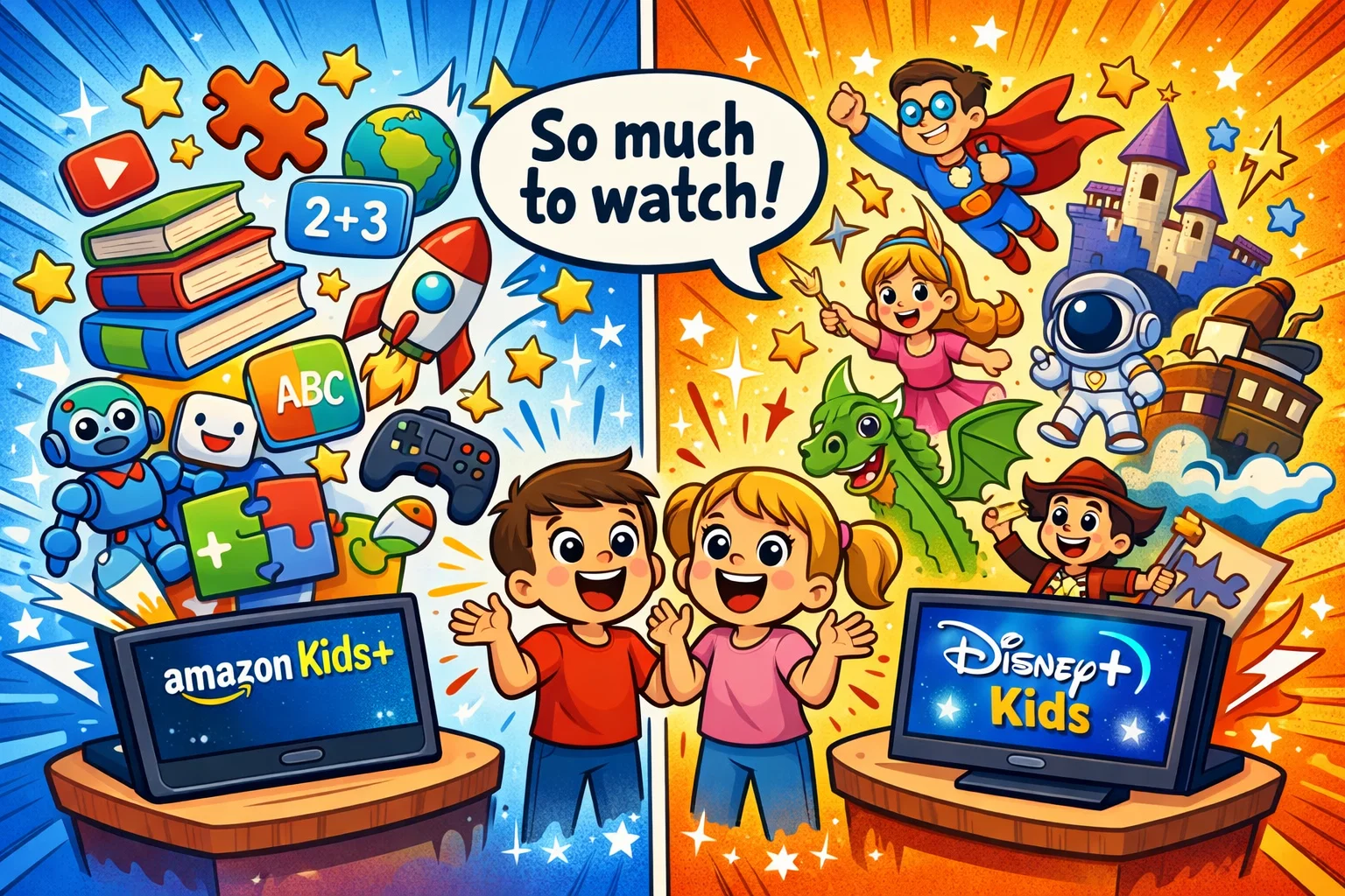 Amazon Kids+ vs Disney+ Kids content comparison showing kids entertainment options.
