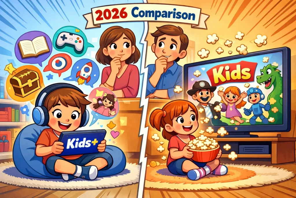 Amazon Kids Plus vs Netflix Kids comparison 2026 showing content variety and streaming differences for children.