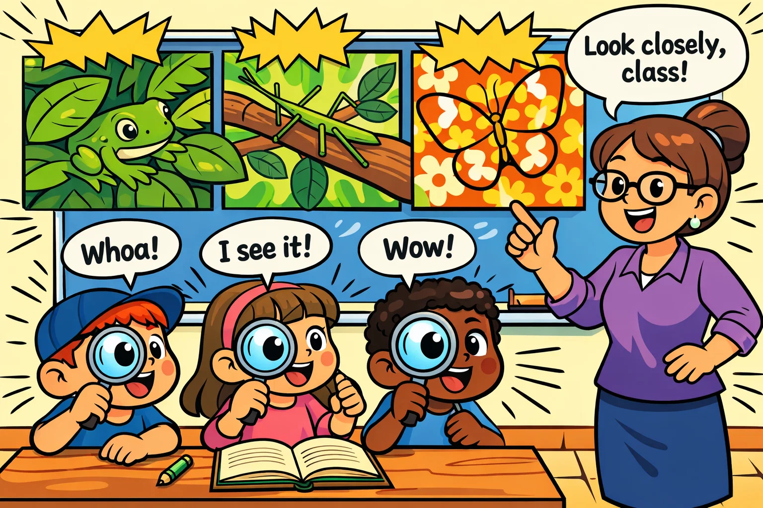 Animal camouflage concept kids learning how animals blend into surroundings.