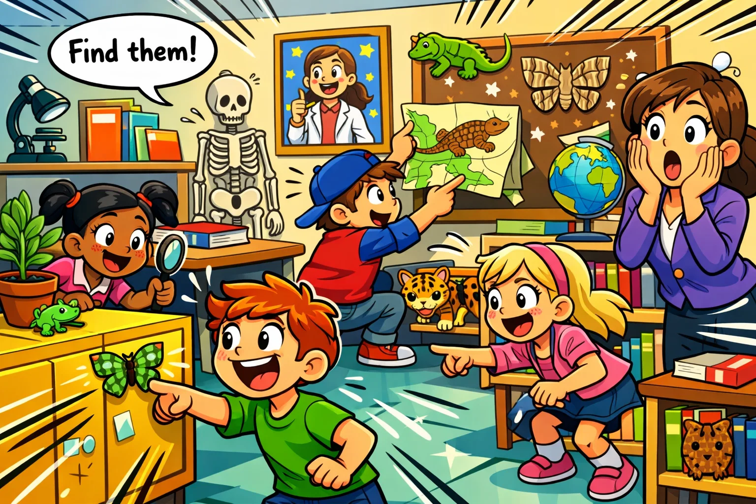 Animal camouflage predator game kids searching for hidden animals in classroom experiment.