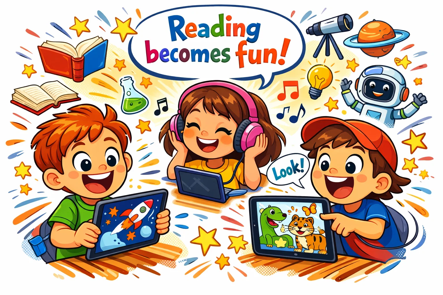Benefits of Epic for kids with children reading and exploring educational books.
