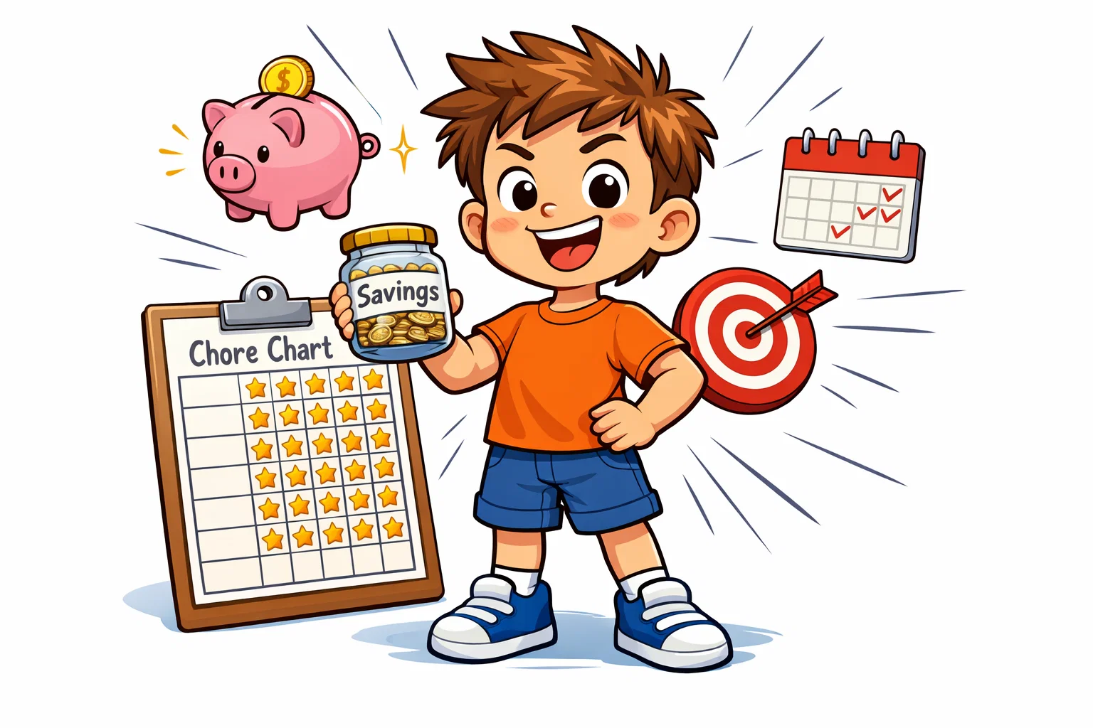 Benefits of paid chores for kids showing savings jar and completed chore chart.