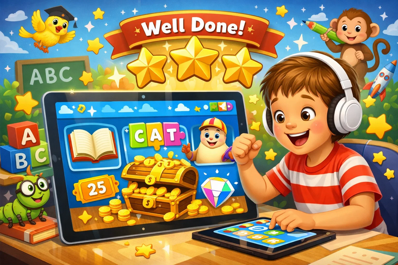 Kids enjoying Reading Eggs lessons, earning rewards and mastering reading skills.