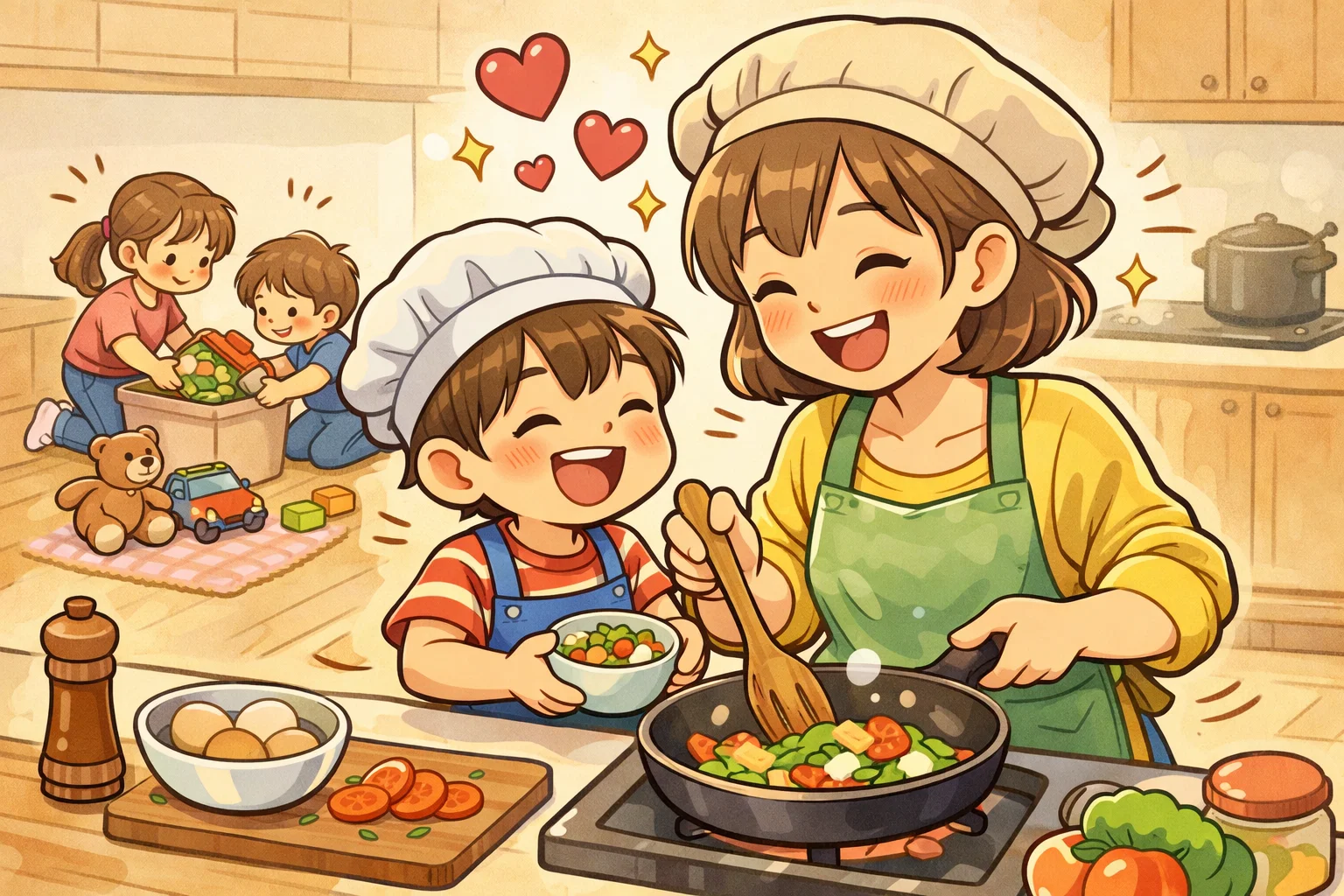 Benefits of unpaid chores with children helping parents in kitchen.