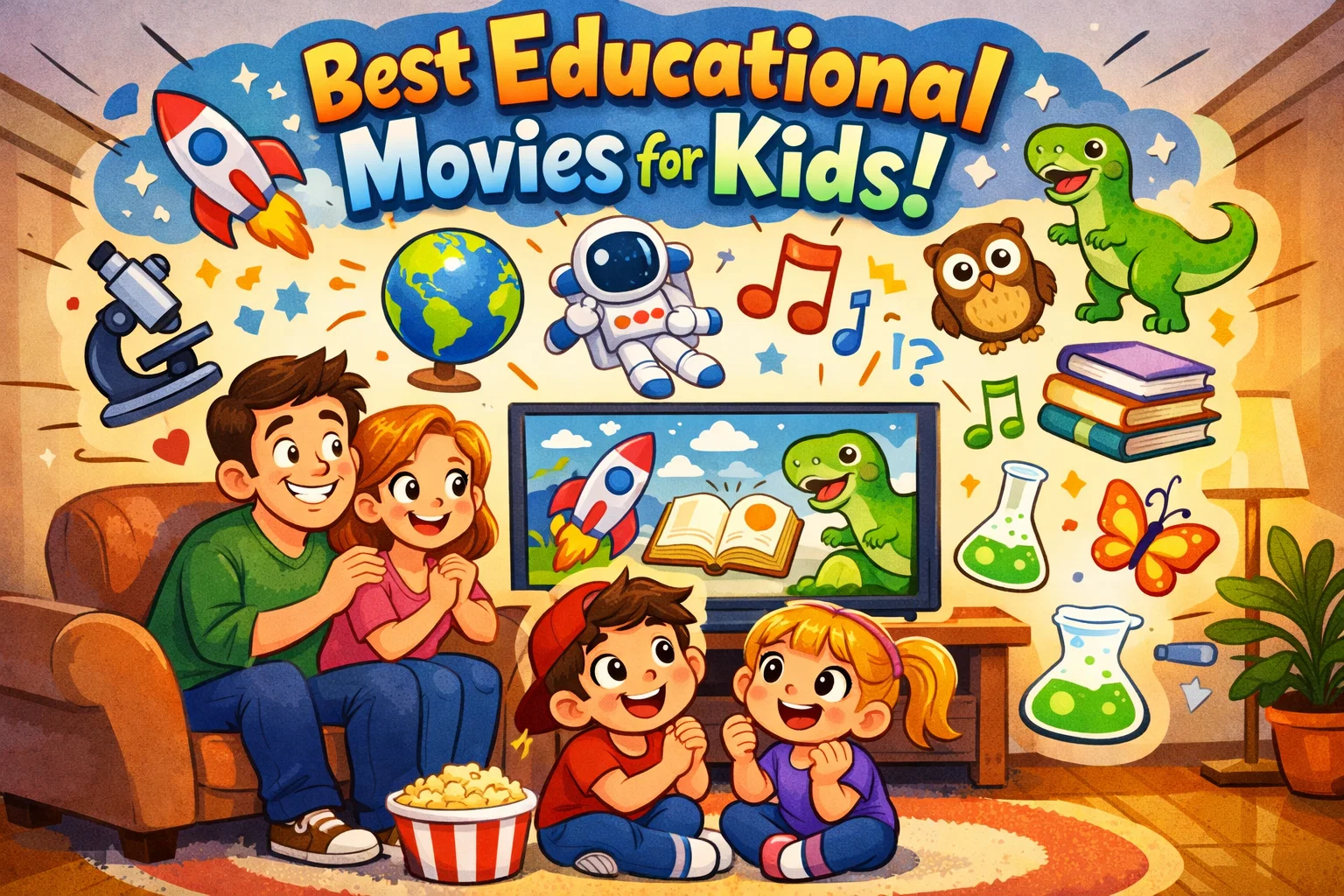 Best educational movies for kids on family movie night with happy children watching and learning.