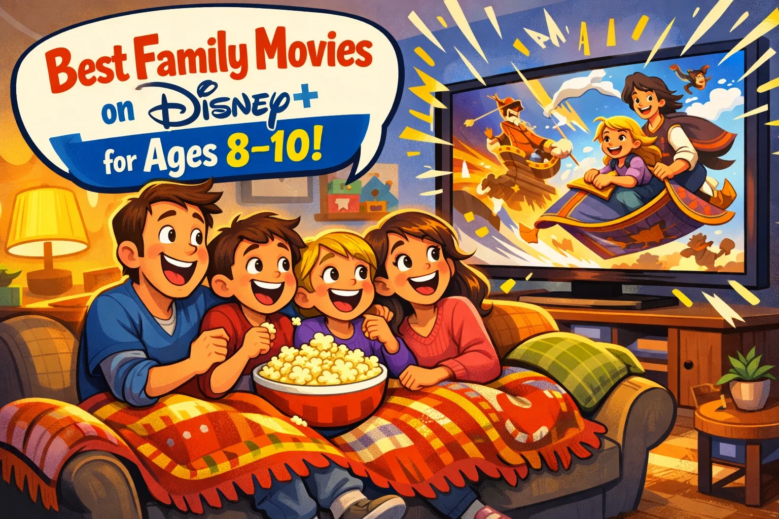 Best family movies on Disney+ for ages 8–10 during family movie night at home.