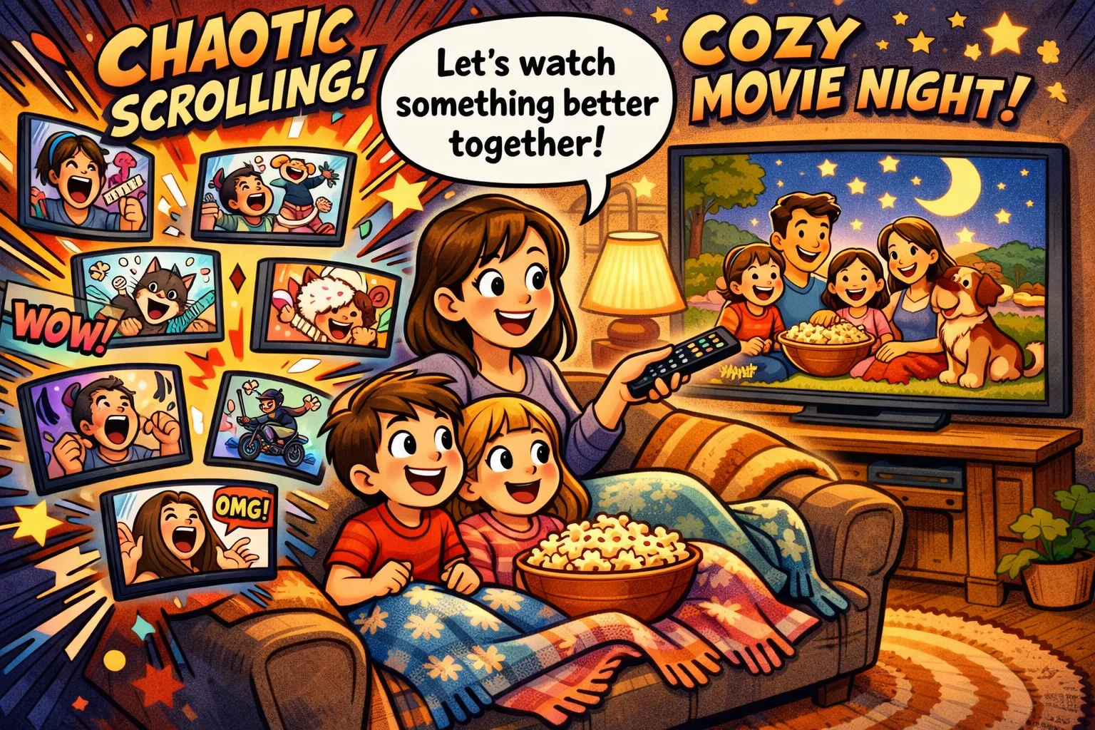 Best family movies instead of YouTube during cozy family movie night at home.