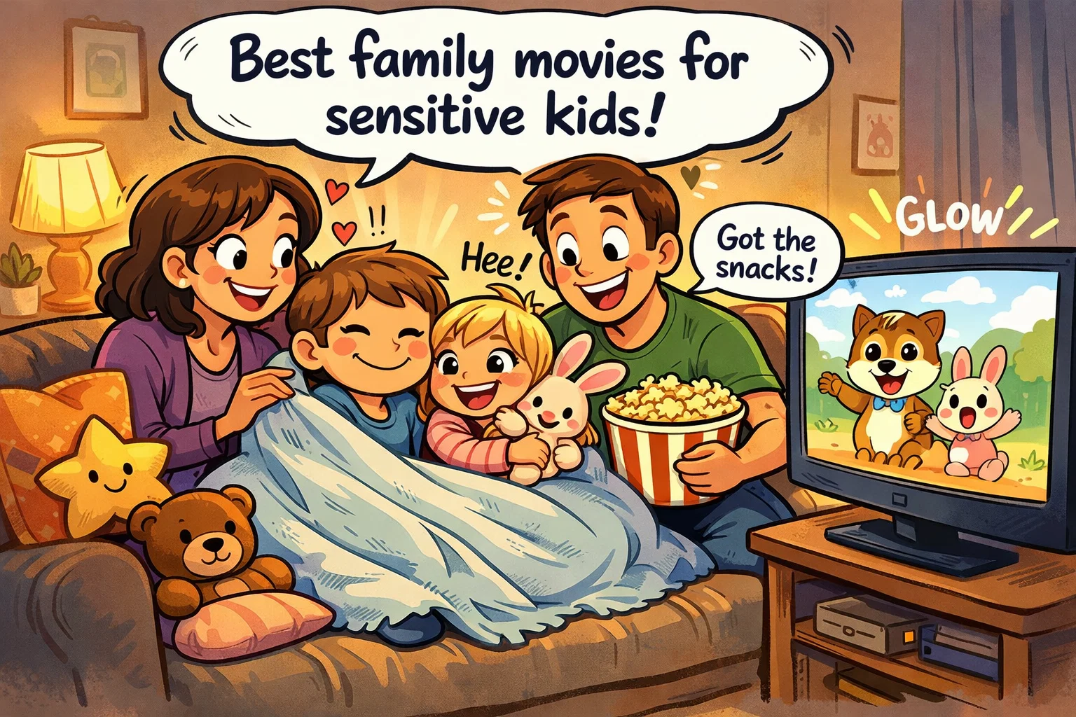 Best family movies for sensitive kids during cozy family movie night at home.