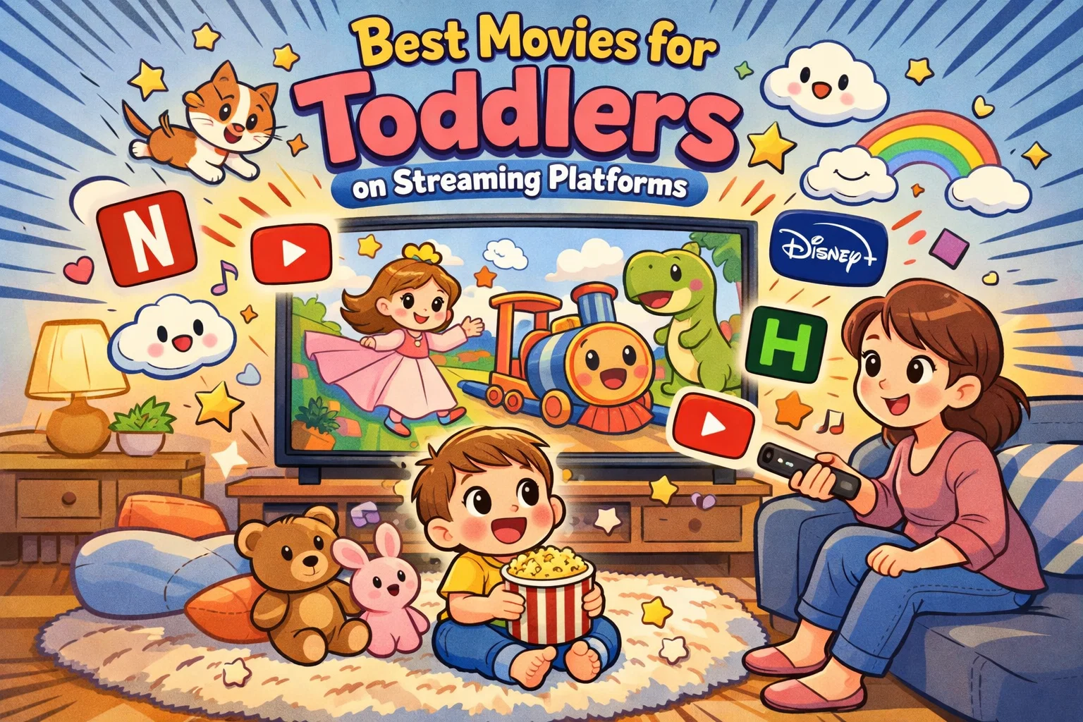 Best movies for toddlers on streaming platforms in cozy family movie night scene.