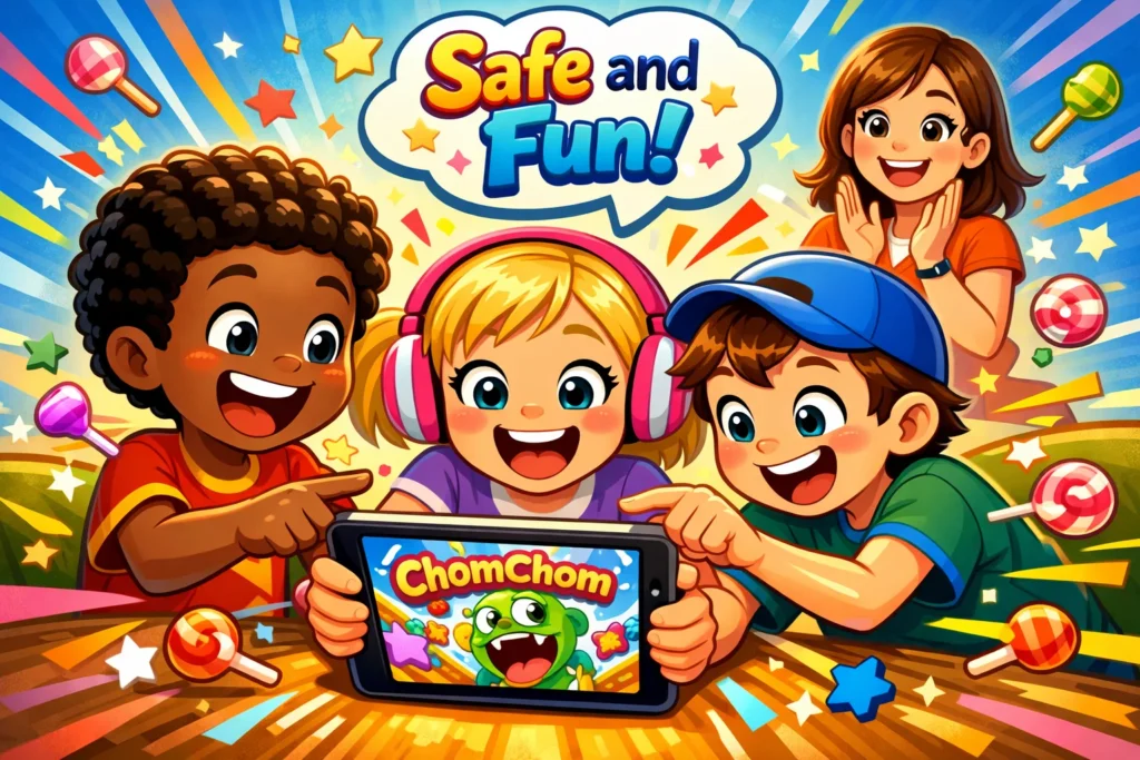 Children using ChomChom app while a teacher watches, emphasizing safe and fun learning.