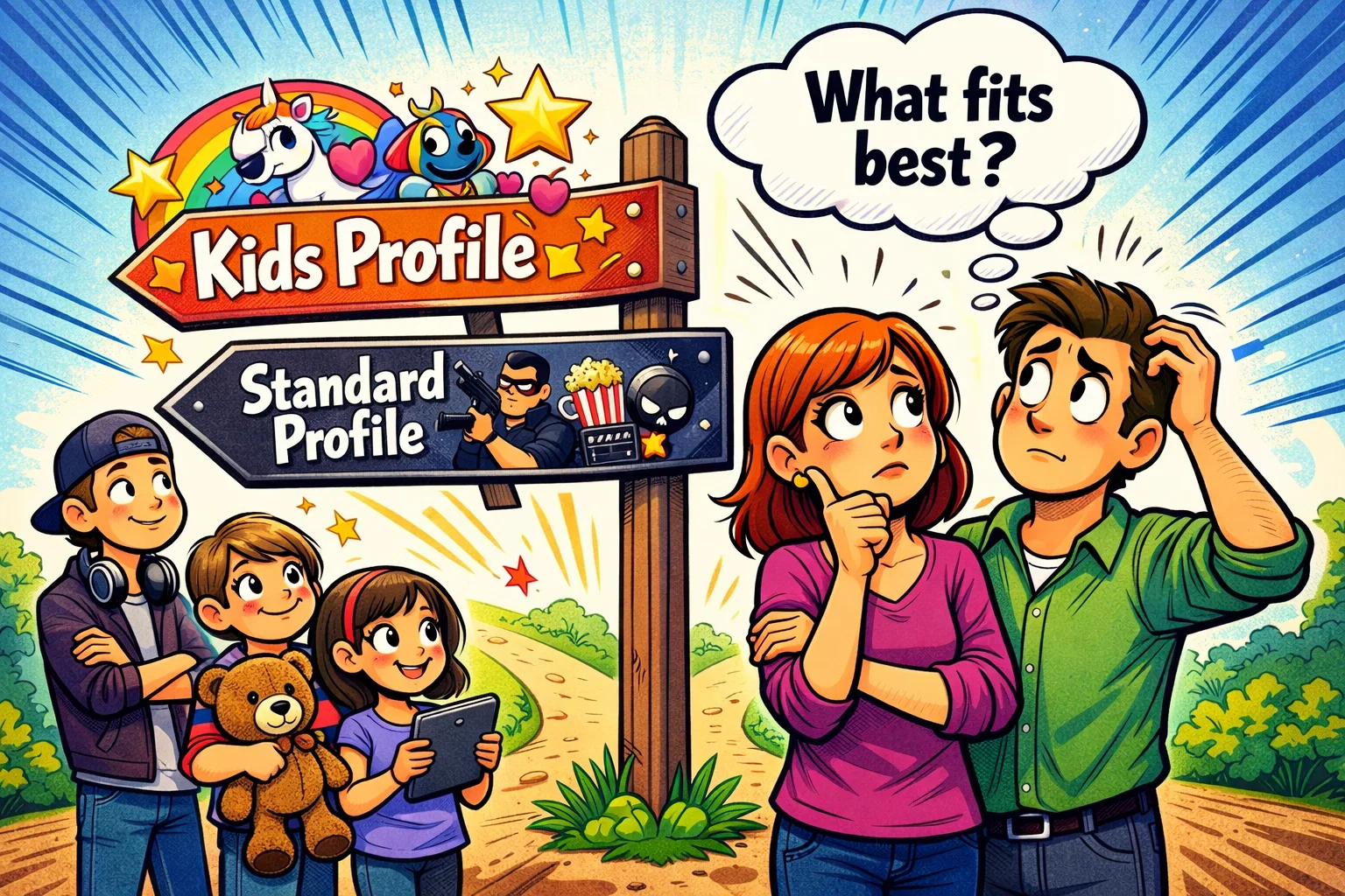 Choosing between Netflix Kids and Netflix profile for different child age groups.
