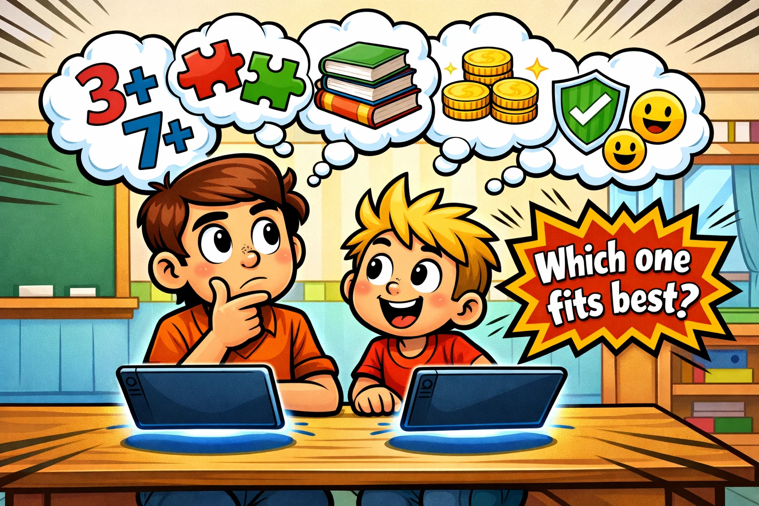 Choosing learning apps for kids comparison with age, safety and education factors.