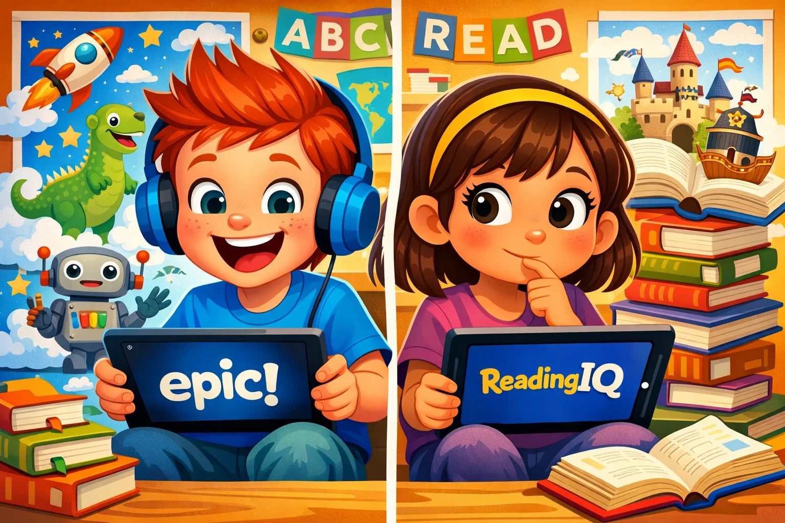 Cartoon comparing Epic and ReadingIQ apps for kids, showcasing children engaged in learning activities.