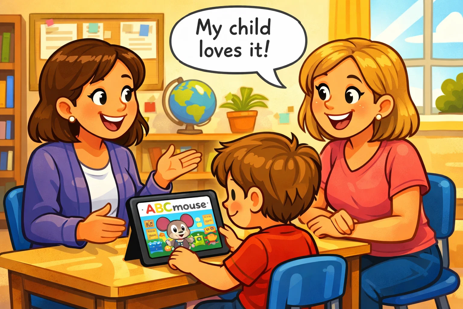 Parent and teacher discussing the effectiveness of Reading Eggs and ABC Mouse for kids’ learning.
