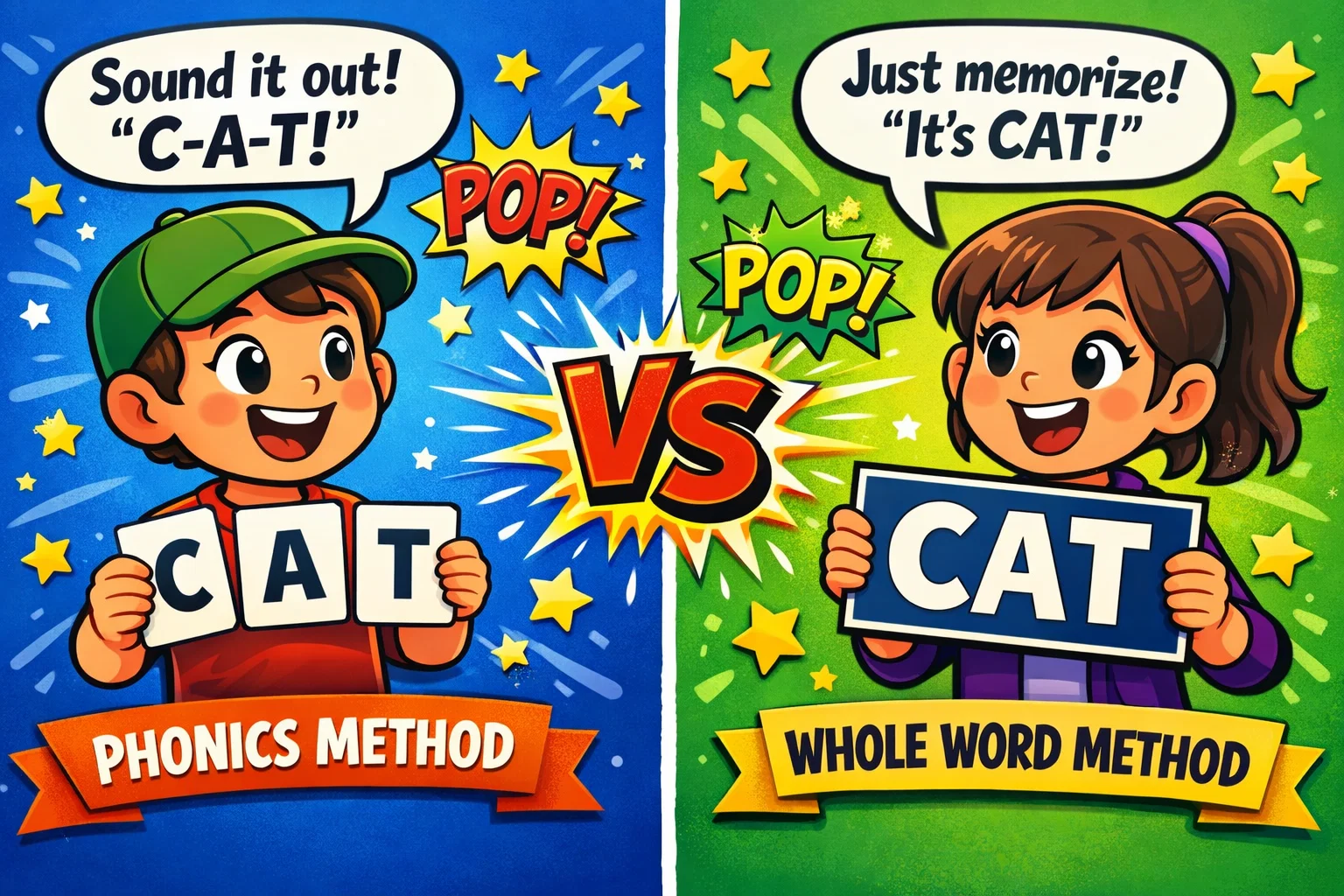 Phonics vs whole word learning methodologies for kids, shown through fun cartoon characters.
