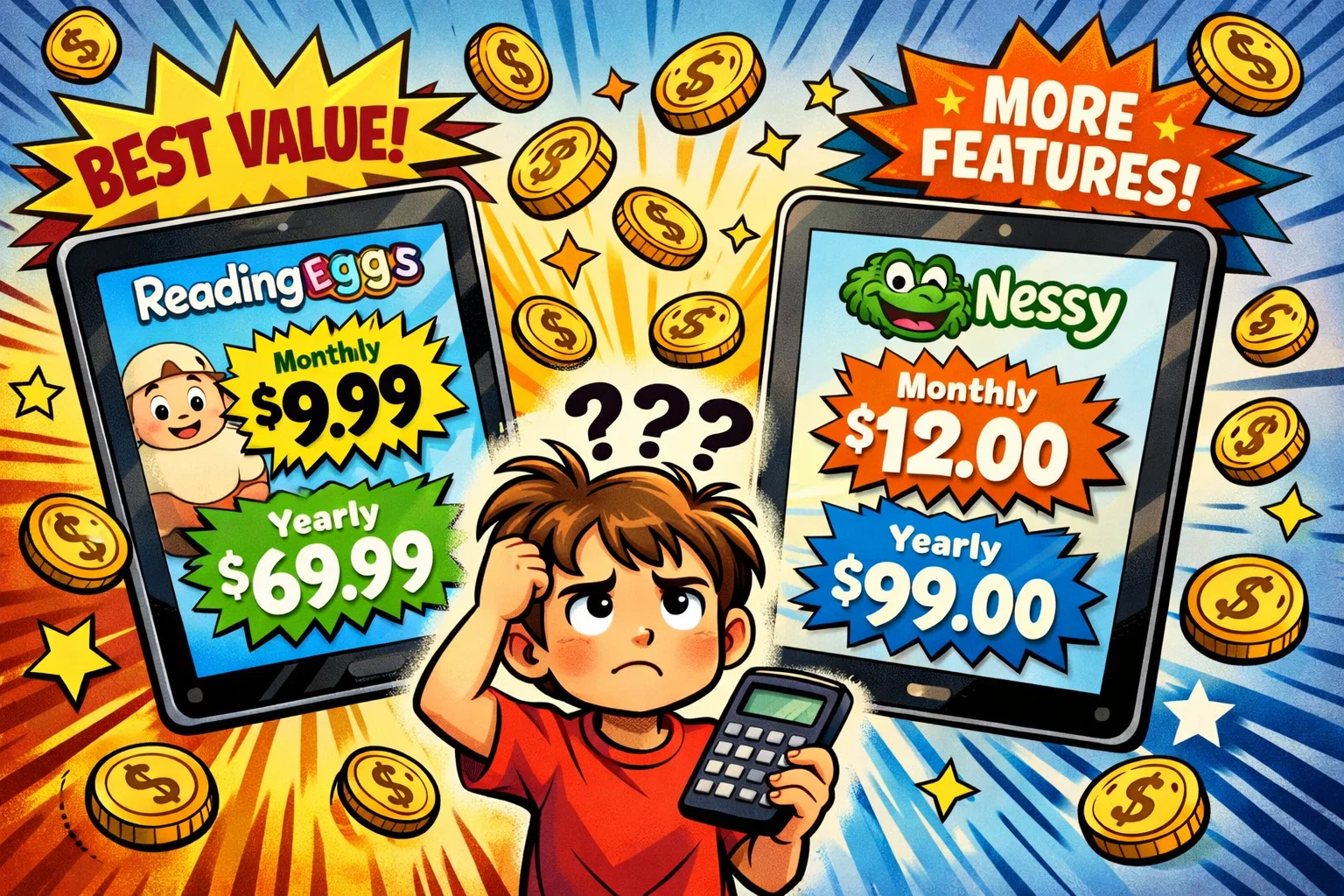 Child comparing subscription plans and pricing for Reading Eggs and Nessy apps on tablets.
