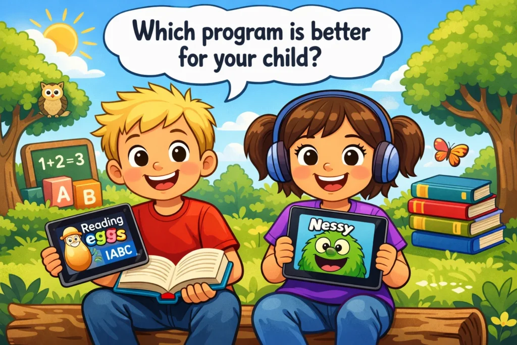 Children comparing Reading Eggs and Nessy apps, each focused on learning through their devices.