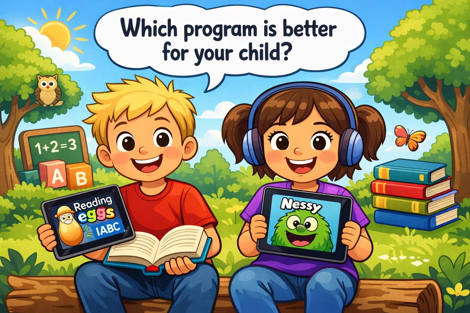 Children comparing Reading Eggs and Nessy apps, each focused on learning through their devices.