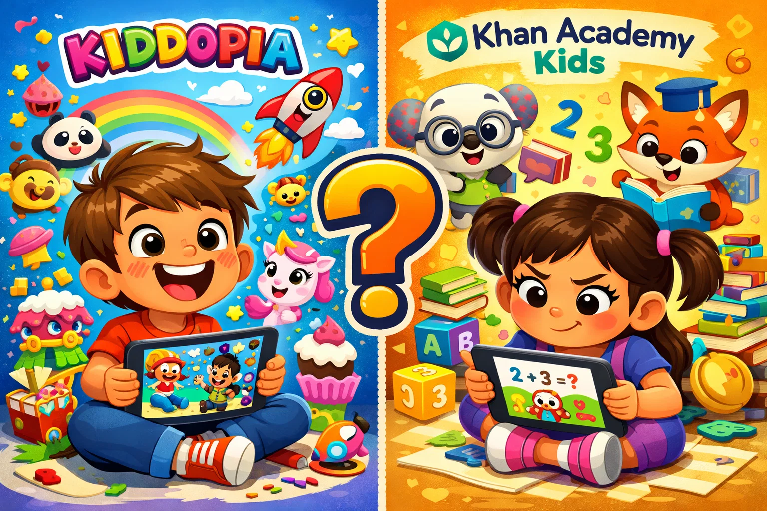 Cartoon of kids comparing Kiddopia and Khan Academy Kids with a vibrant “VS” in the center.