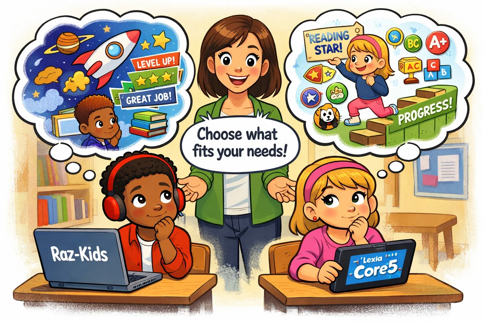  Conclusion on the best app for kids' learning between Raz-Kids and Lexia Core5, showing kids making a choice.

