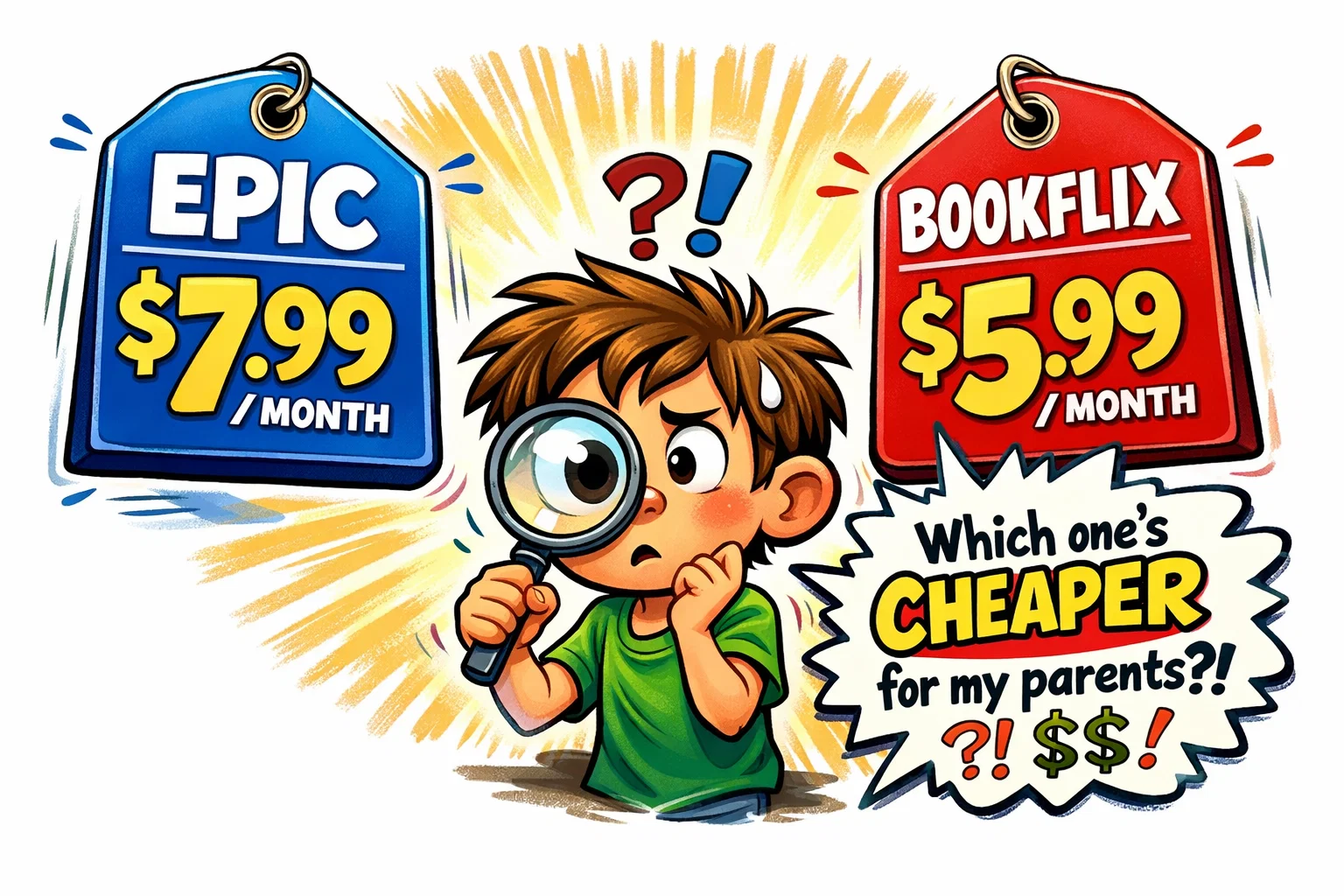 Cost comparison between Epic and Bookflix with price tags and mascots.