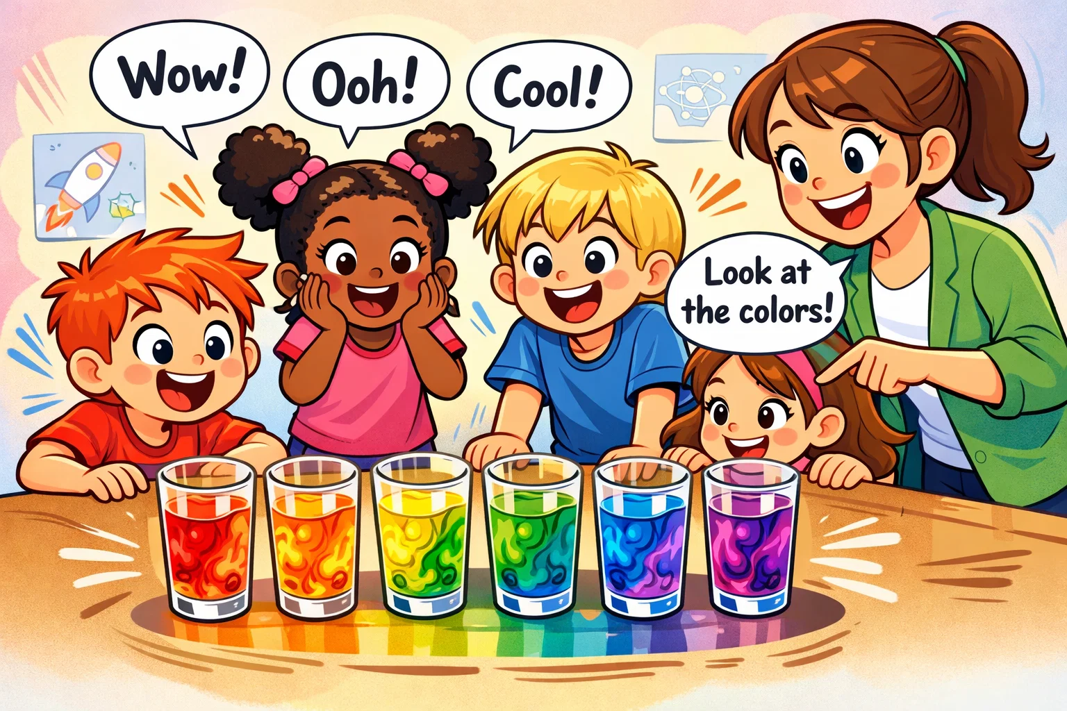 Diffusion experiment food coloring water showing color spreading in clear glass.