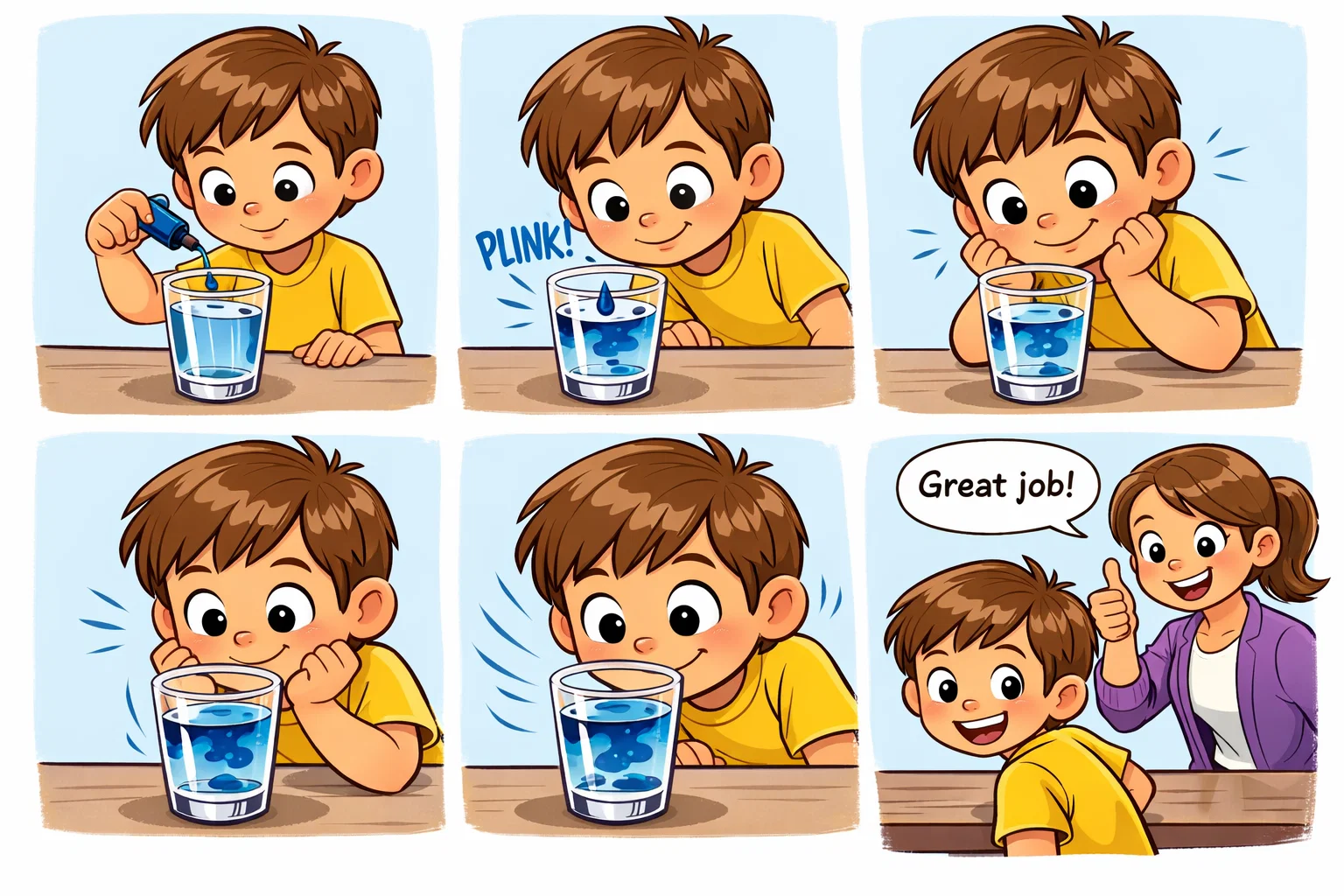 Diffusion experiment instructions showing food coloring added to water.