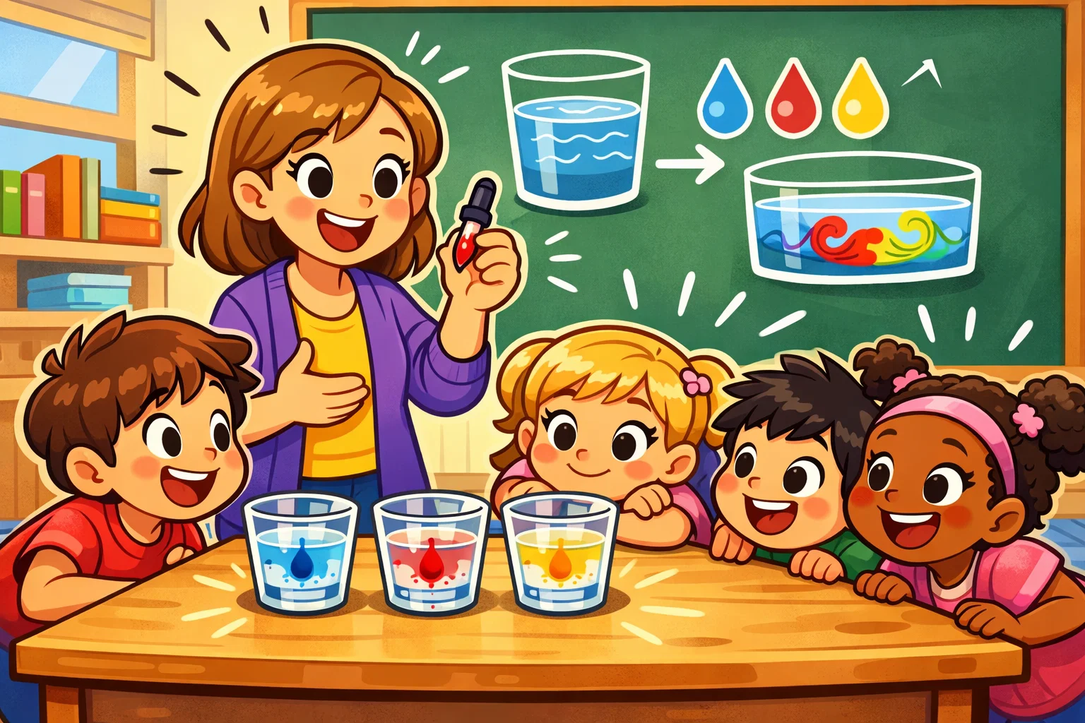 Diffusion experiment kids introduction with food coloring in water.