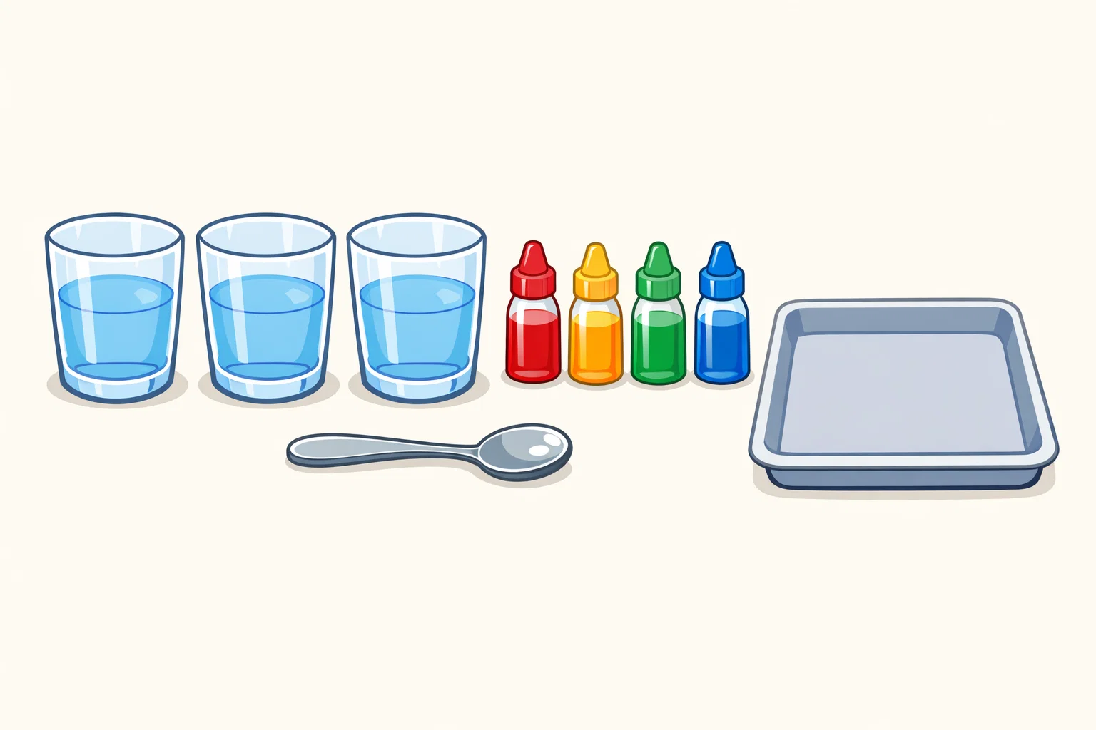 Diffusion experiment materials with water glasses and food coloring.