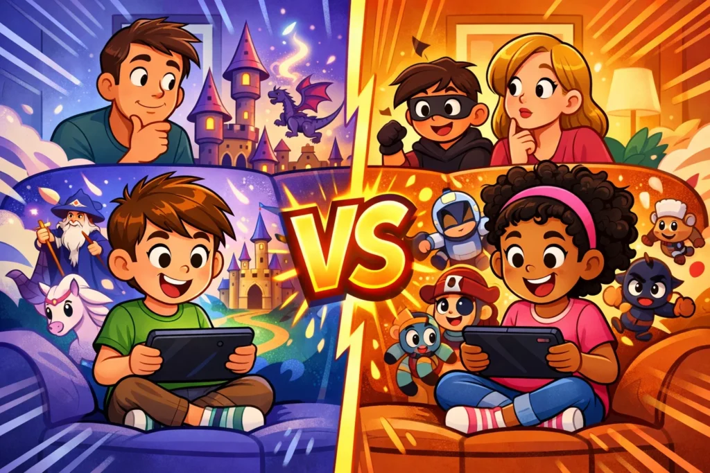 Disney Plus kids vs Netflix kids comparison 2026 on family TV screen.