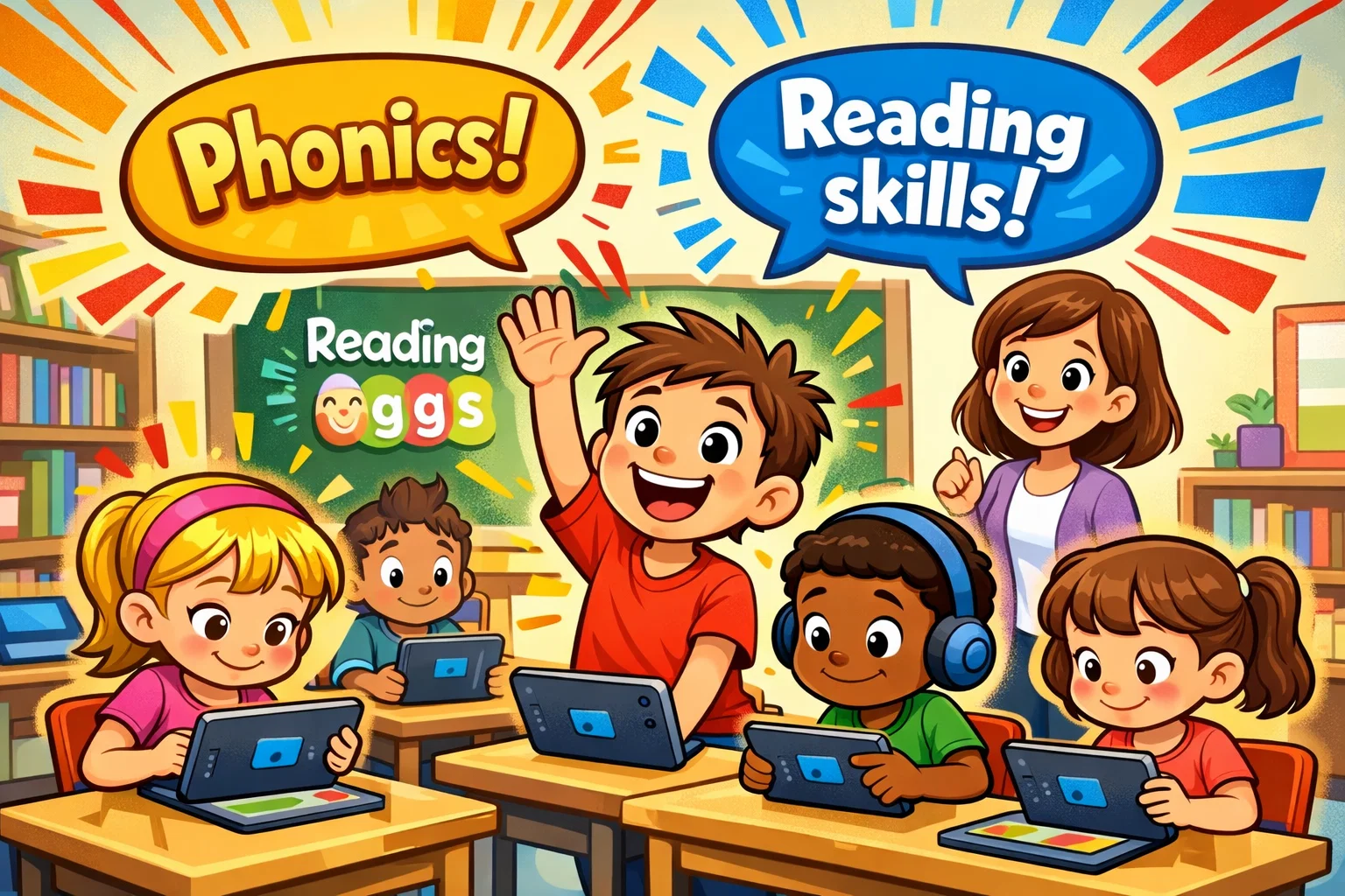Kids learning reading skills with Reading Eggs app, highlighting educational value.
