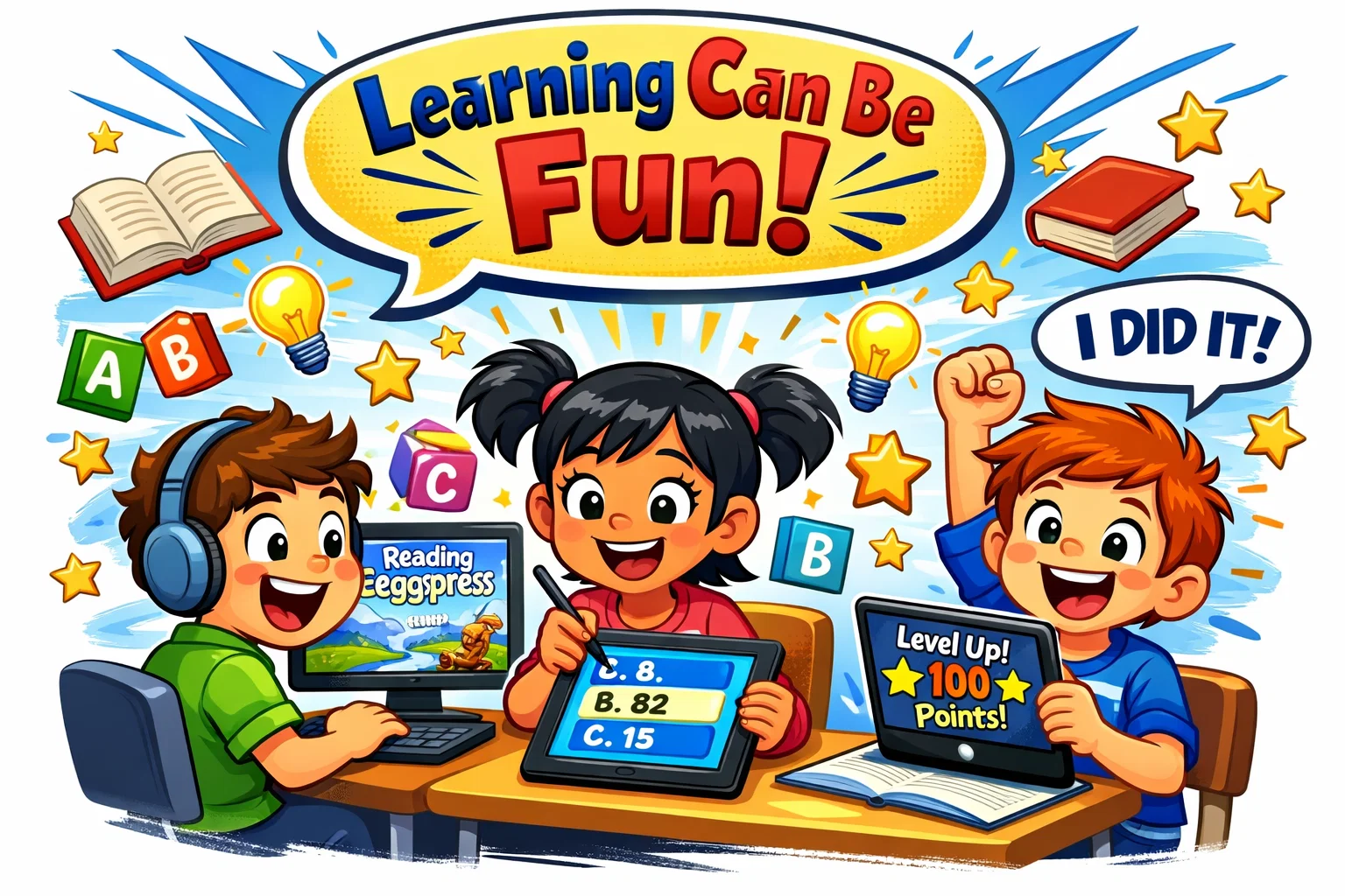 Children learn with Reading Eggspress through reading practice and interactive tasks.
