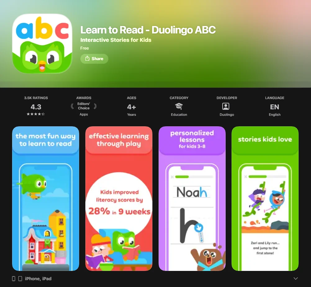 Duolingo ABC App Screenshot.
