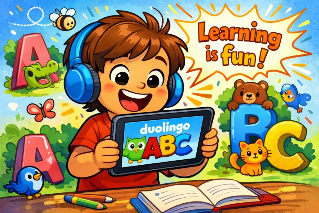 Duolingo ABC review for kids with fun learning and the Duolingo owl.