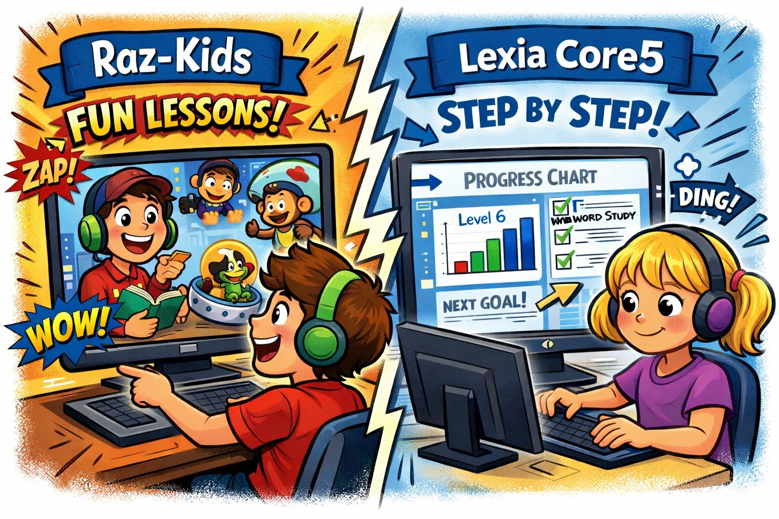  Educational approach of Raz-Kids vs Lexia Core5, highlighting different teaching methods for children.
