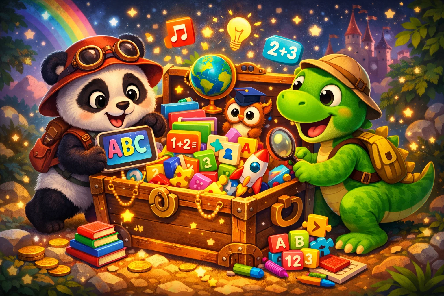  Panda and dinosaur exploring a treasure chest of educational tools for kids.

