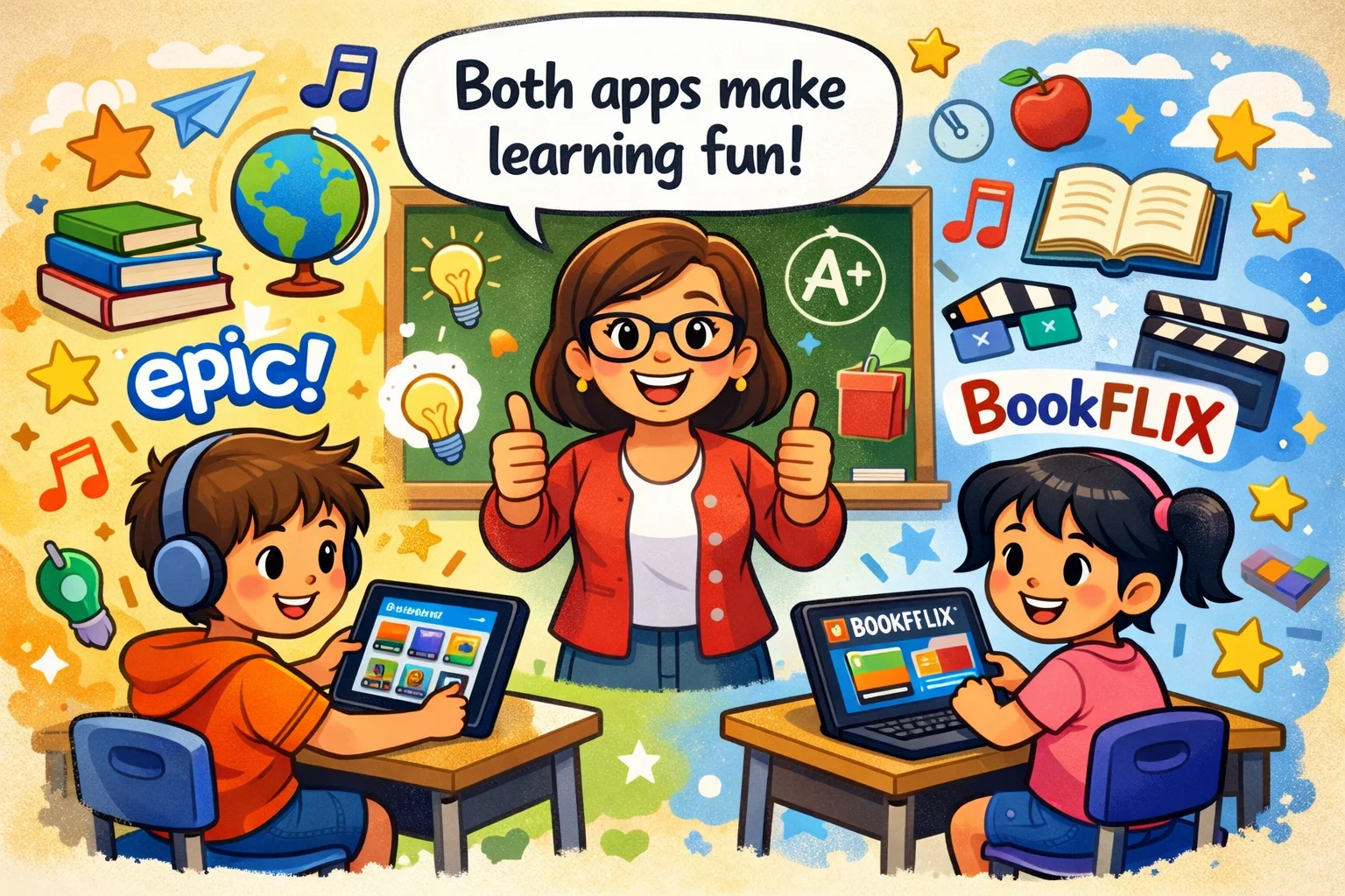 Educational value of Epic and Bookflix apps, with kids learning and surrounded by books and icons.