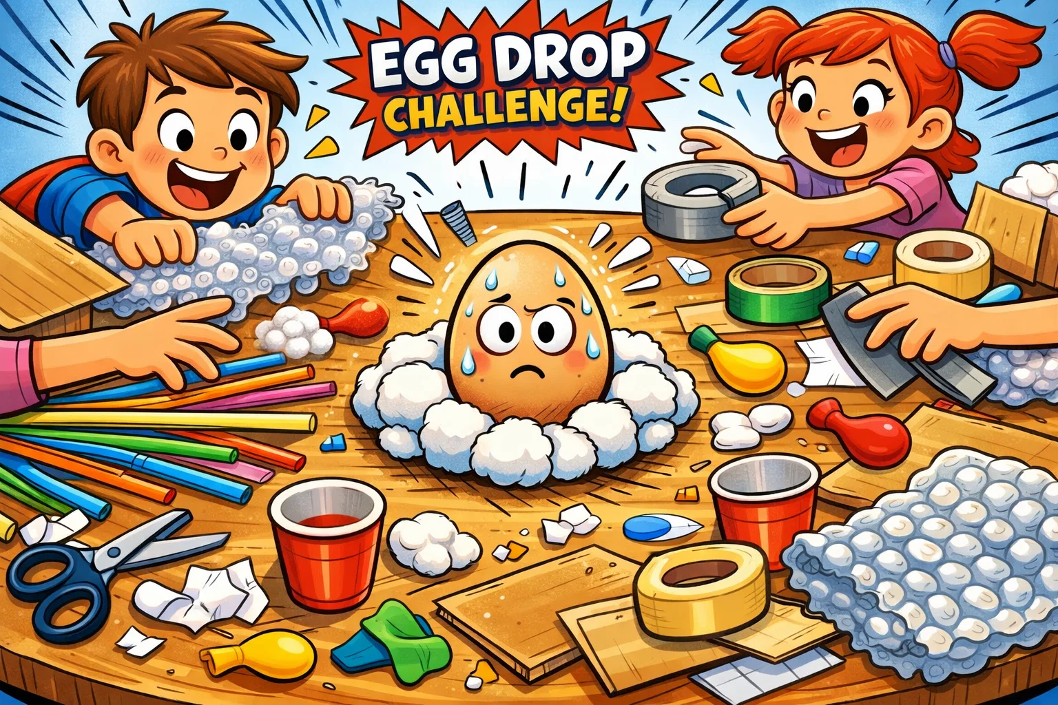 Egg drop challenge materials including straws cups balloons and tape for kids. Egg drop challenge materials including straws cups balloons and tape for kids.