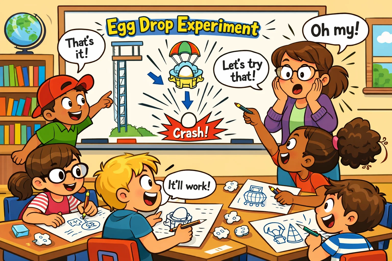 Egg drop challenge overview with kids designing and observing egg drop experiment. Egg drop challenge overview with kids designing and observing egg drop experiment.