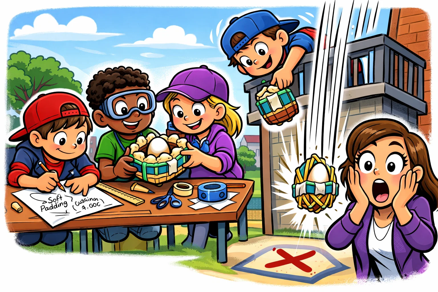 Egg drop challenge steps showing design build and egg drop testing. Egg drop challenge steps showing design build and egg drop testing.