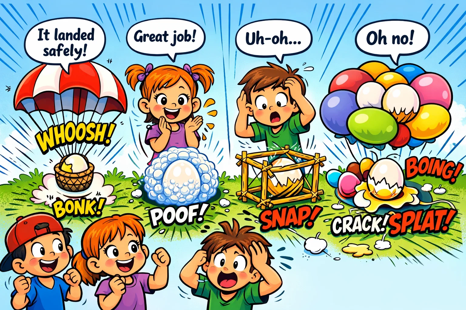 Egg drop challenge variations with different egg protection designs for kids. Egg drop challenge variations with different egg protection designs for kids.