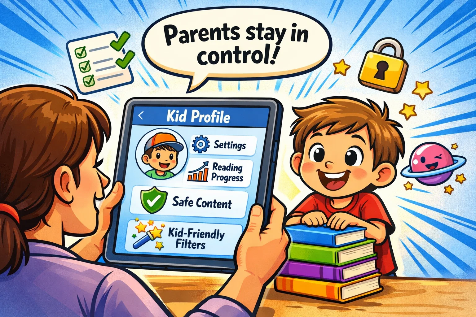 Epic parental controls for kids on tablet with parent setting safe reading options.
