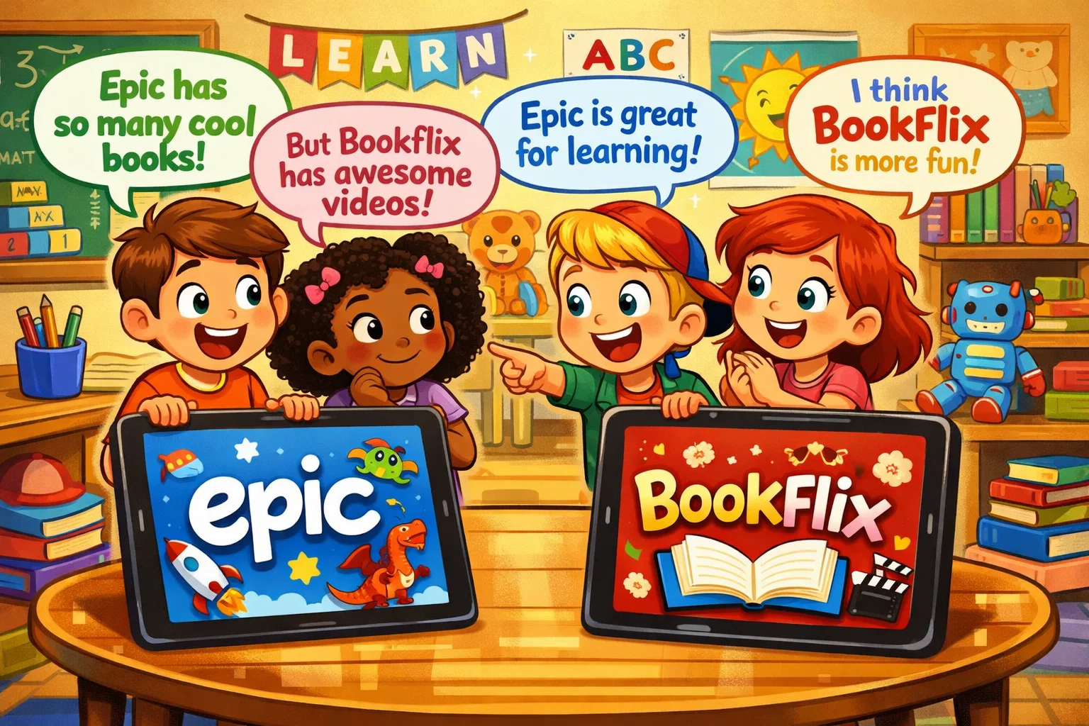 Epic vs Bookflix comparison showing colorful characters representing both apps for kids.