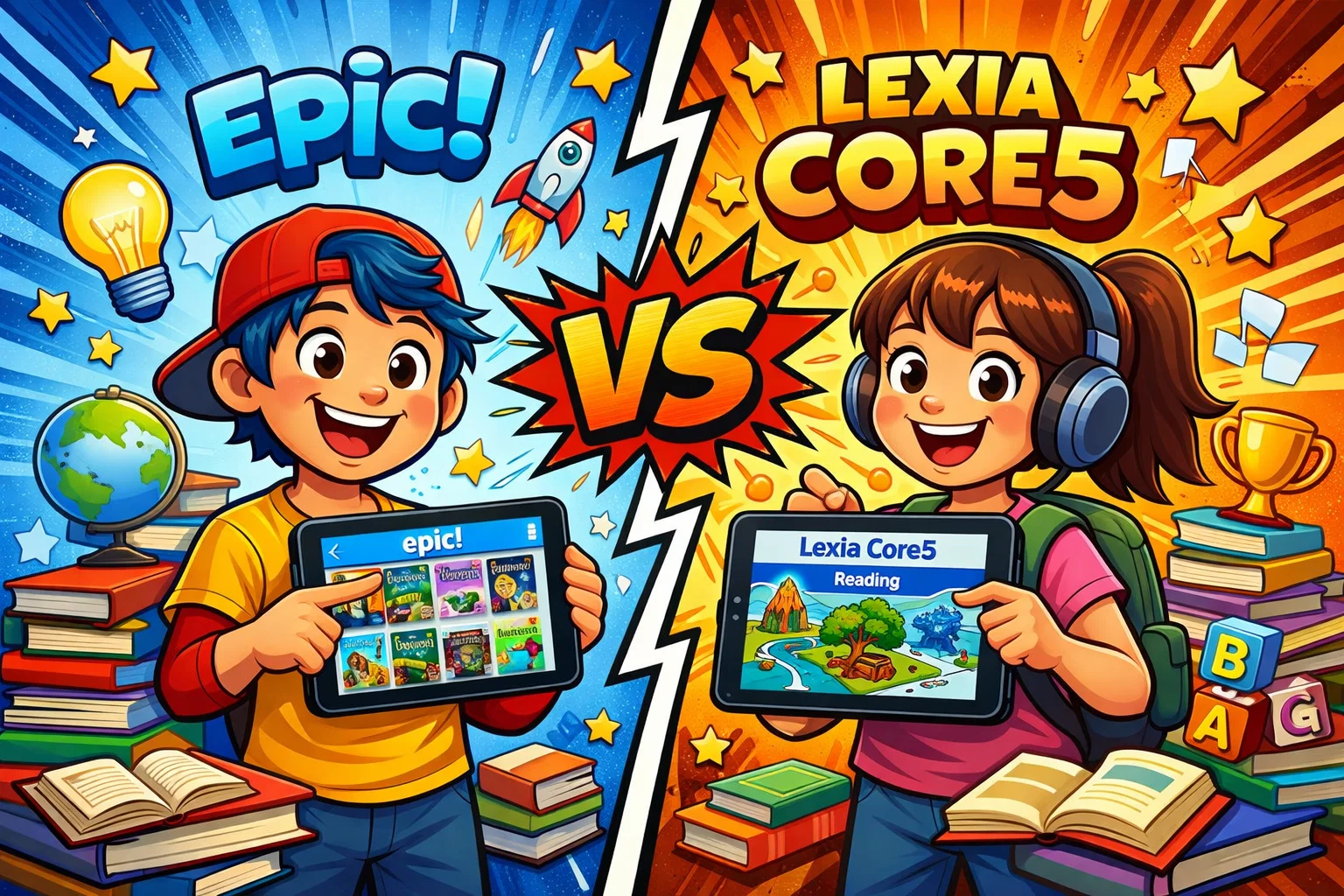 Epic vs Lexia Core5 comparison for kids, featuring playful educational visuals.