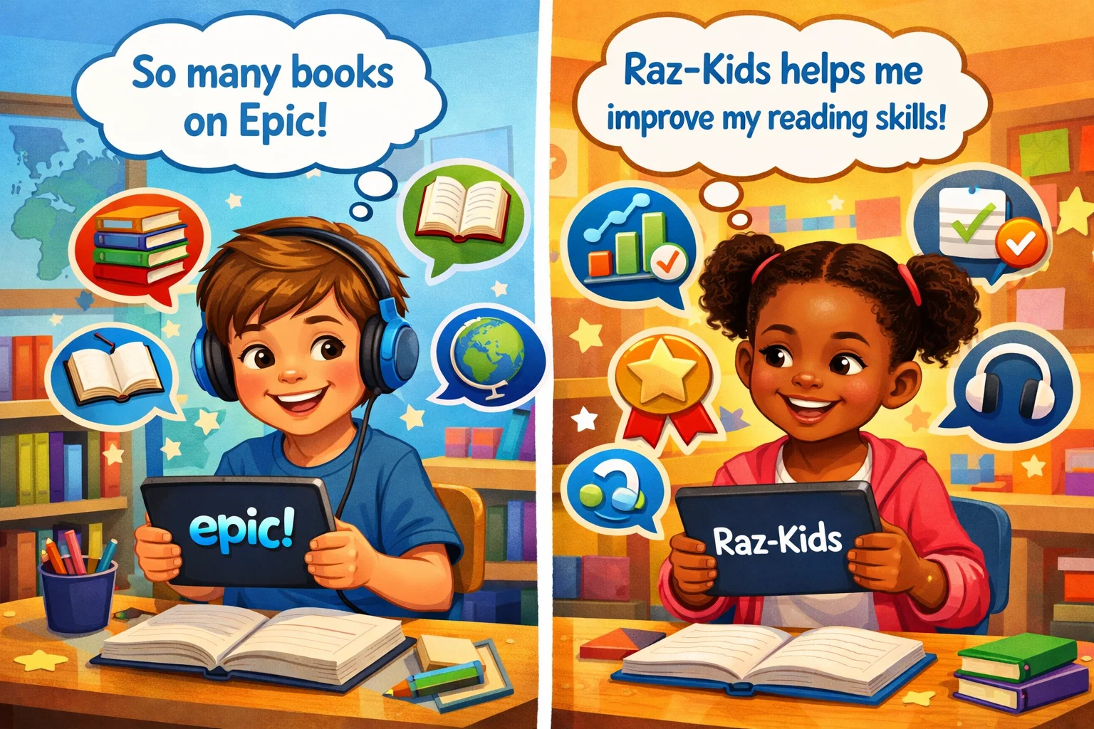 Comparison of Epic and Raz-Kids reading apps with children using tablets and educational icons.