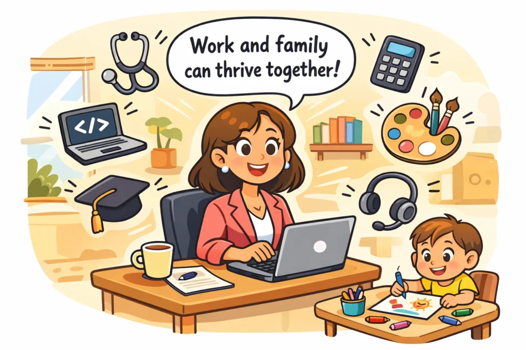 Family friendly careers for mothers that pay well in flexible home office setting.