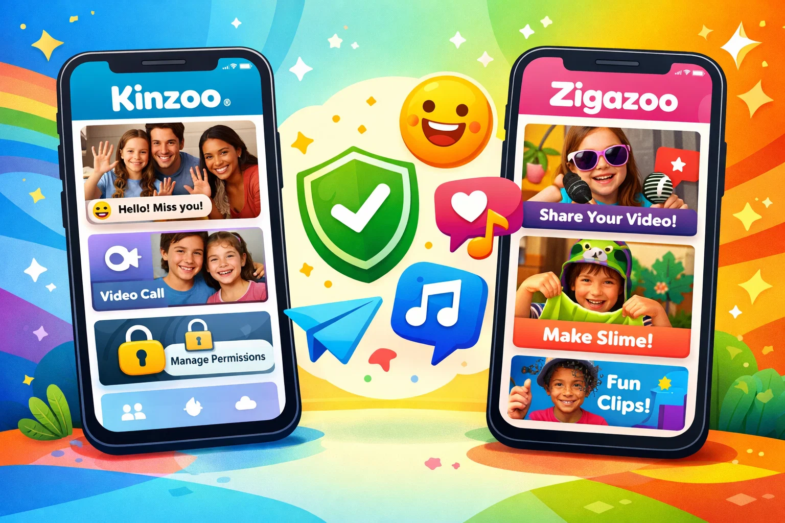 Features and functionality of Kinzoo and Zigazoo apps with icons for messaging and creativity.