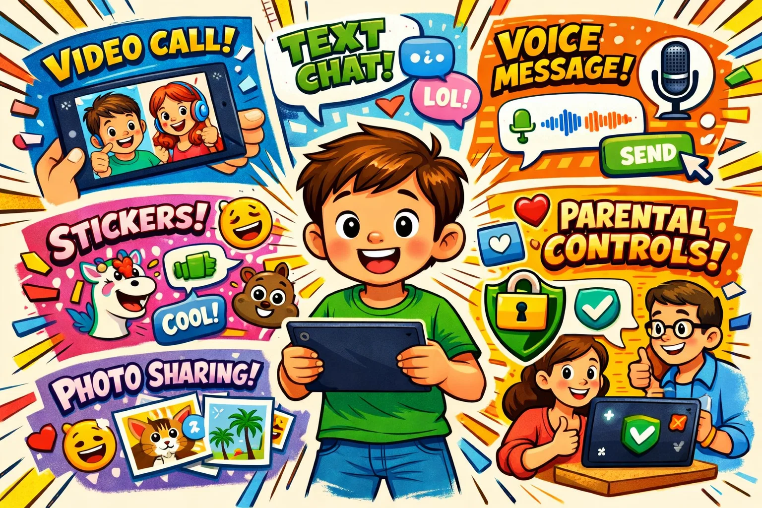 Features of JusTalk Kids with video calls, messages, stickers, and parent controls.
