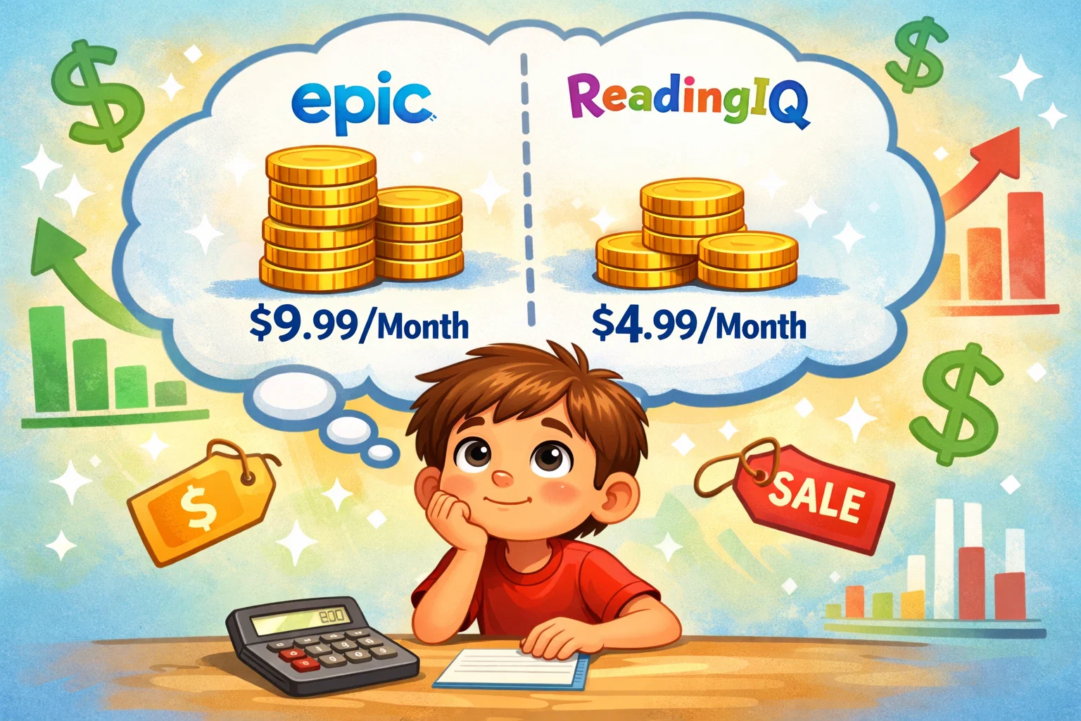 Kids and teacher discussing which reading app is best for young learners.
